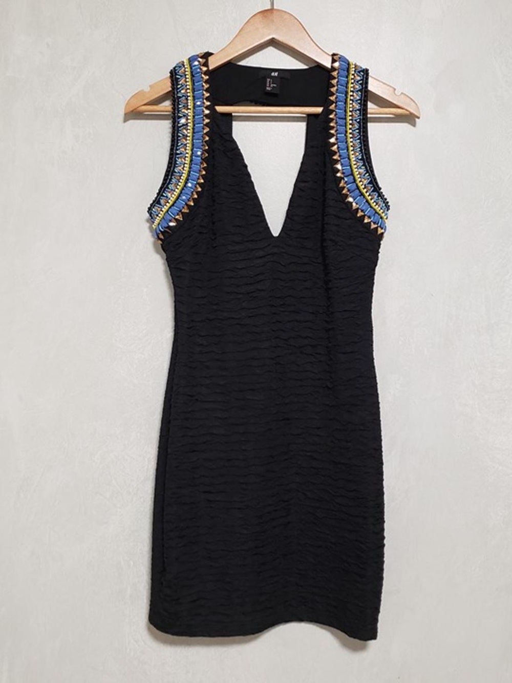 H&M Black Mini Dress with Blue and Gold Embellished Shoulders